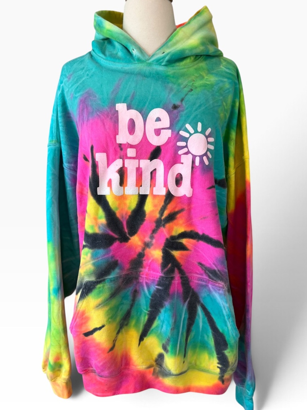 Be Kind Tie Dye Hoodie - Rainbow Mint Black size 2XL